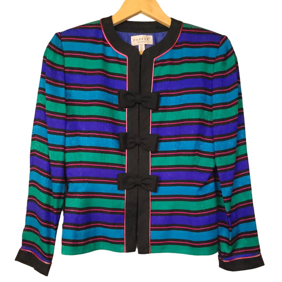 Vintage Papell Petites Womens Silk Snap Button Blazer 6P Striped Career Jacket - Picture 2 of 16